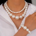 Colier  elegant AS16SS Argintiu cu perle Alb-Crem din 2 siraguri + 1 Bratara